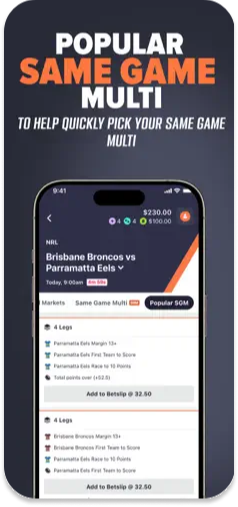 BaggyBet app listing on the App Store, featuring popular same game multis.