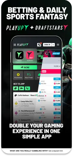PlayUp mobile app listing on the App Store, featuring both the PlayUp betting and Draftstars daily sports fantasy.