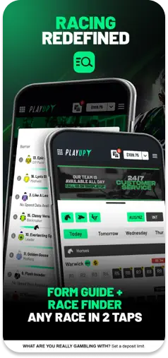 PlayUp mobile app listing on the App Store, featuring a user-friendly form guide and race finder.