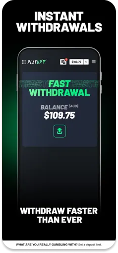 PlayUp mobile app listing on the App Store, referencing their fast withdrawal option for faster withdrawals.