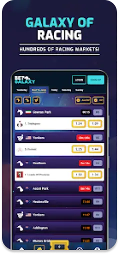 BetGalaxy app highlighting extensive racing market options.