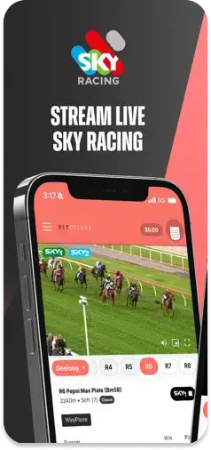 BetDeluxe app featuring live Sky Racing streaming for thoroughbred, harness, and greyhound racing.