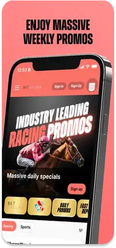 BetDeluxe app highlighting industry-leading racing promotions.