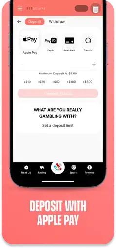 BetDeluxe app showcasing Apple Pay as a secure deposit method.