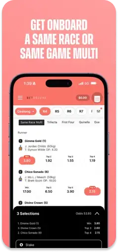 BetDeluxe app displaying Same Race Multi and Same Game Multi betting options.
