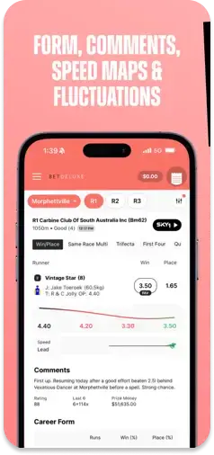 BetDeluxe app displaying form guides, expert comments, speed maps, and market fluctuations.