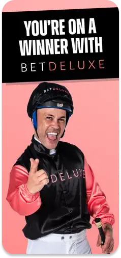 BetDeluxe app promoting a premium betting experience with top racing and sports odds.