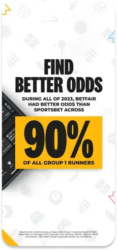 Betfair app comparing exchange odds with traditional bookmakers like Sportsbet.