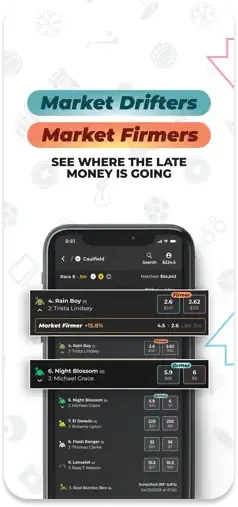 Betfair app showing market drifters and firmers in real-time betting markets.