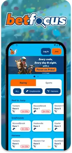 BetFocus app showcasing racing and sports betting markets with competitive odds.