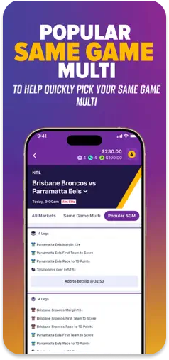 BetLocal app showcasing a selection of Same Game Multi options.