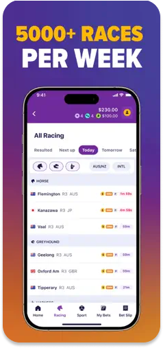 BetLocal app promoting its coverage of 5000+ racing events weekly.