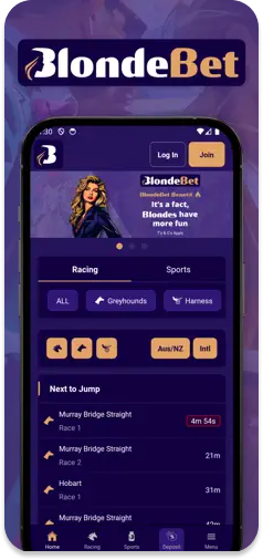 BlondeBet app main menu displaying upcoming races and promotions.