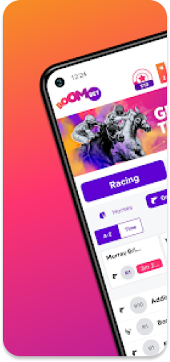 BoomBet app main menu displaying race and sports betting options.