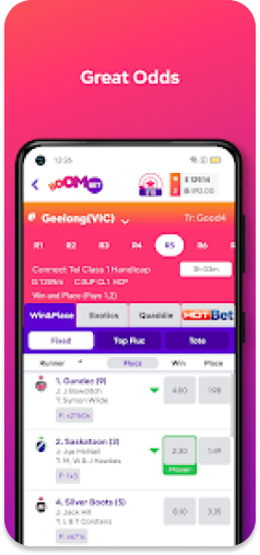 BoomBet race selection menu featuring great odds for thoroughbred and greyhound racing.