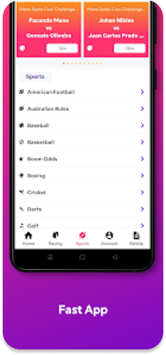 BoomBet app sports selection menu emphasizing fast app performance.