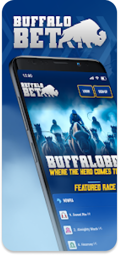 BuffaloBet app main menu displaying quick access to racing and sports betting.