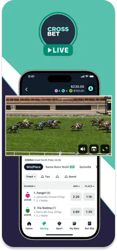 CrossBet app displaying live race streaming.
