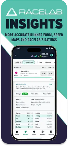 CrossBet RaceLab insights displaying runner form, speed maps, and ratings.
