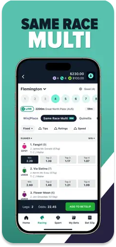 CrossBet app featuring Same Race Multi betting options.