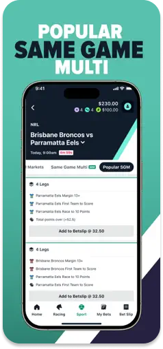 CrossBet app interface displaying popular Same Game Multi options.