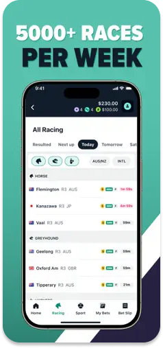 CrossBet racing section promoting 5000+ weekly races.