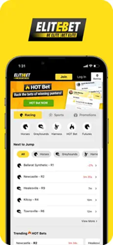 EliteBet app main menu displaying quick access to racing and sports betting.