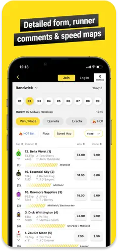 EliteBet app showcasing detailed form guides, runner comments, and speed maps.