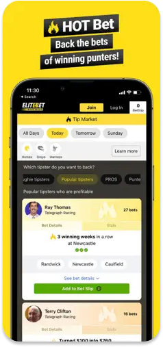 EliteBet app showcasing the Hot Bet feature, allowing users to follow top punters.