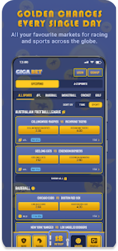 GigaBet app showcasing sports and racing betting markets.