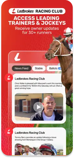 Ladbrokes Racing Club feature displaying trainer and jockey updates.