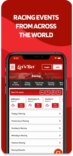 Let's Bet app displaying global racing markets.