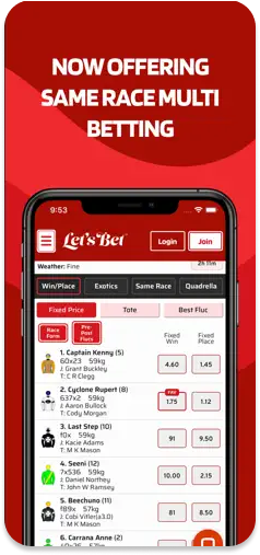 Let's Bet app promoting Same Race Multi feature.