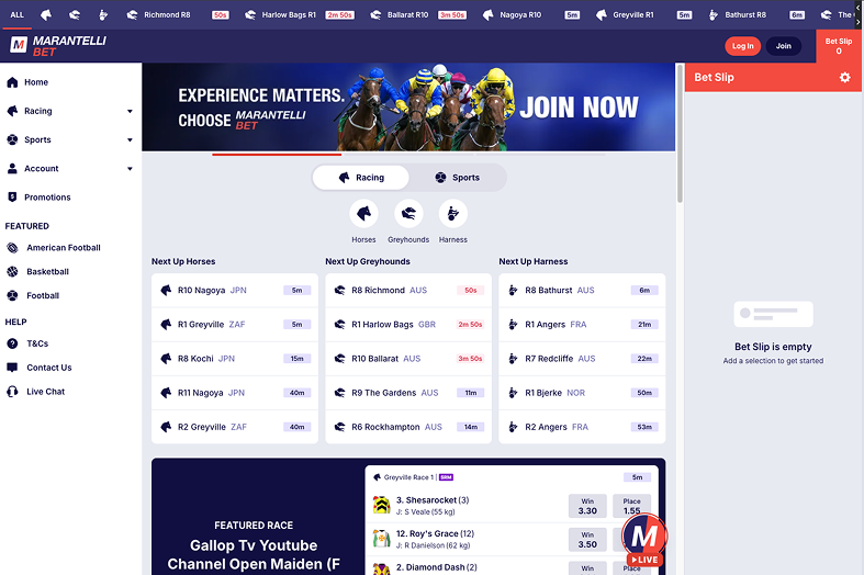 MarantelliBet website main menu displaying key betting features and promotions.