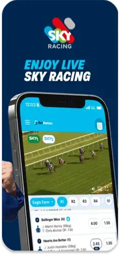 Bet Nation app featuring live Sky Racing coverage for thoroughbreds, greyhounds, and harness racing.