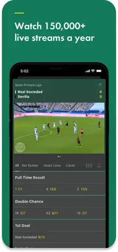 Bet365 app displaying a live sports streaming section for in-app viewing.