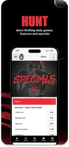 Alpha Bet app showcasing daily specials and unique betting features.