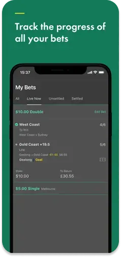 Bet365 app displaying real-time bet tracking with live updates.