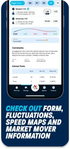 Bet Nation app displaying racing insights including form guides, fluctuations, speed maps, and market movers.