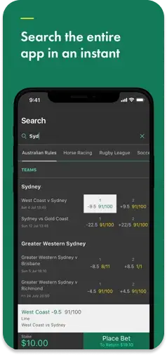 Bet365’s in-app search functionality for quick access to markets and events.