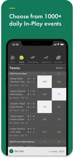 Bet365 app highlighting its wide selection of daily in-play betting events.