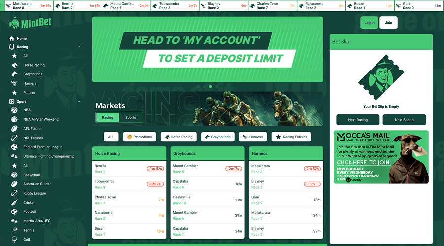 MintBet website main menu – Showcasing betting markets and navigation options.