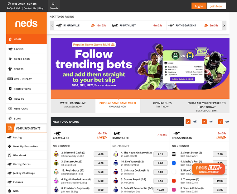 Neds website main menu – Displaying key betting features and navigation.