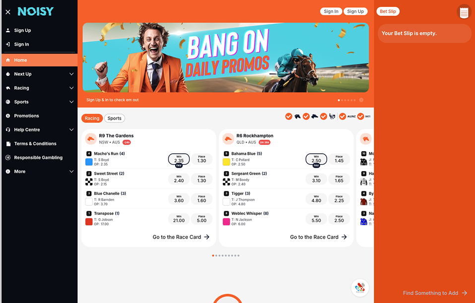 Noisy Bet app main menu – Displaying key betting features and navigation.