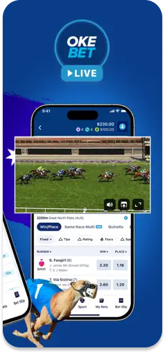 OKEBET live racing feed displaying real-time horse racing action.