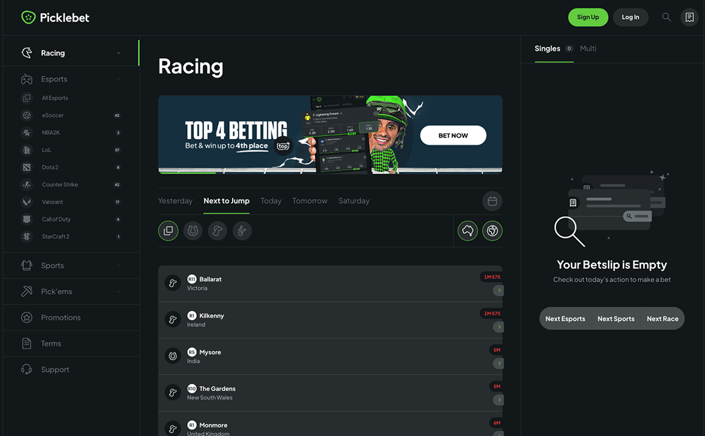 Picklebet website main menu – Showcasing esports, sports, and racing markets.