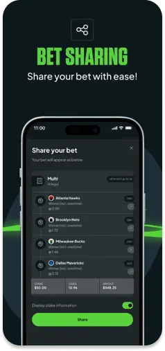 Picklebet bet-sharing feature UI.