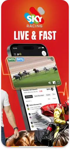 PulseBet app showing live Sky Racing streaming feature.