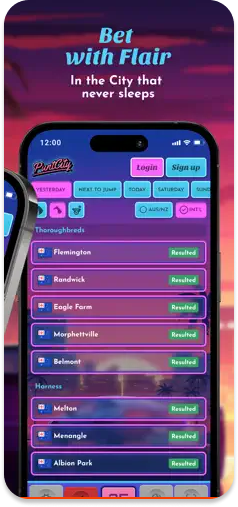 PuntCity neon-themed betting interface.
