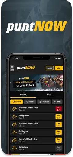 PuntNow main menu – Showcasing the latest betting options and daily promotions.